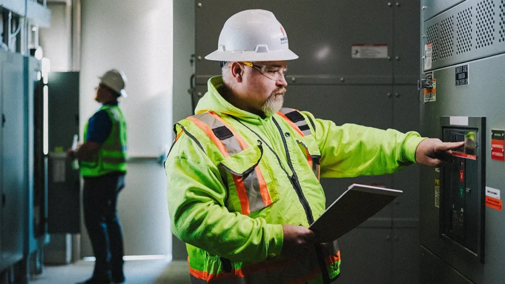 employees checking equipment