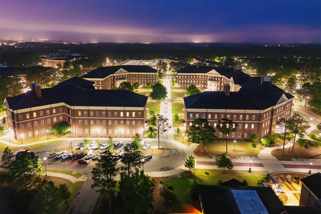 UNCW Veterans hall at night