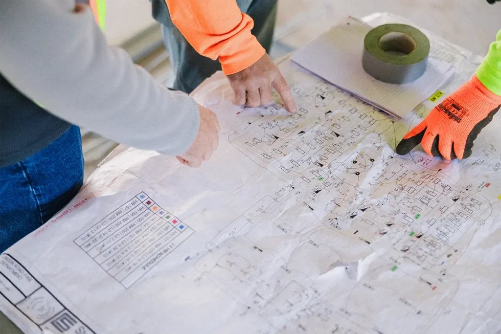 employees looking at installation plans