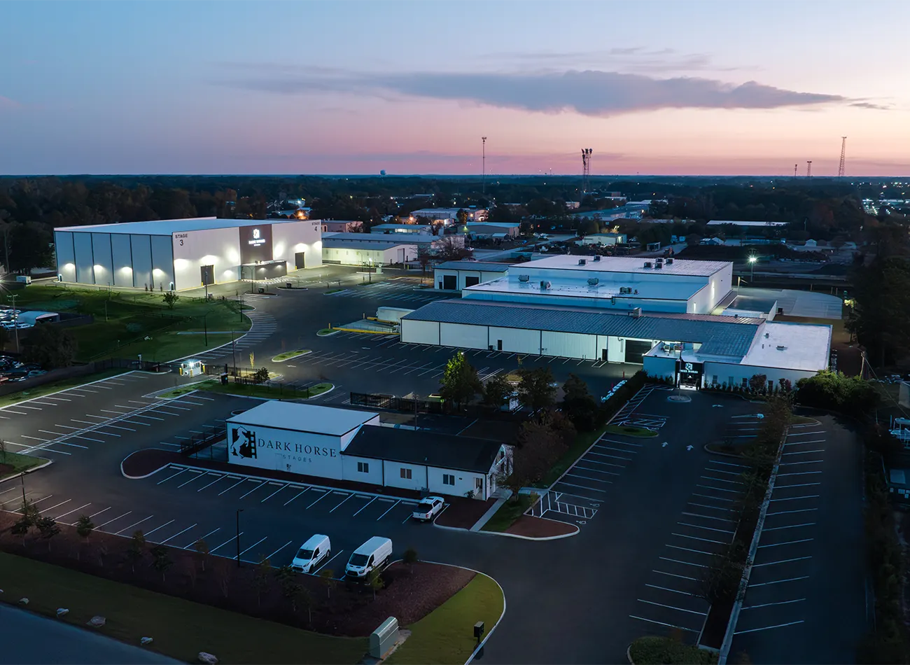 Dark horse stages at dusk from drone